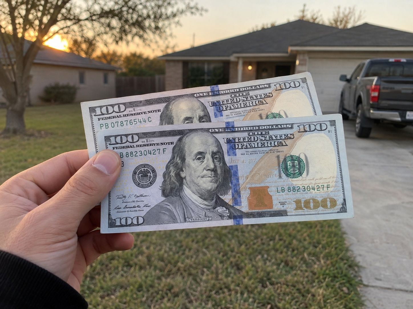 Two $100 bills held up in a neighborhood