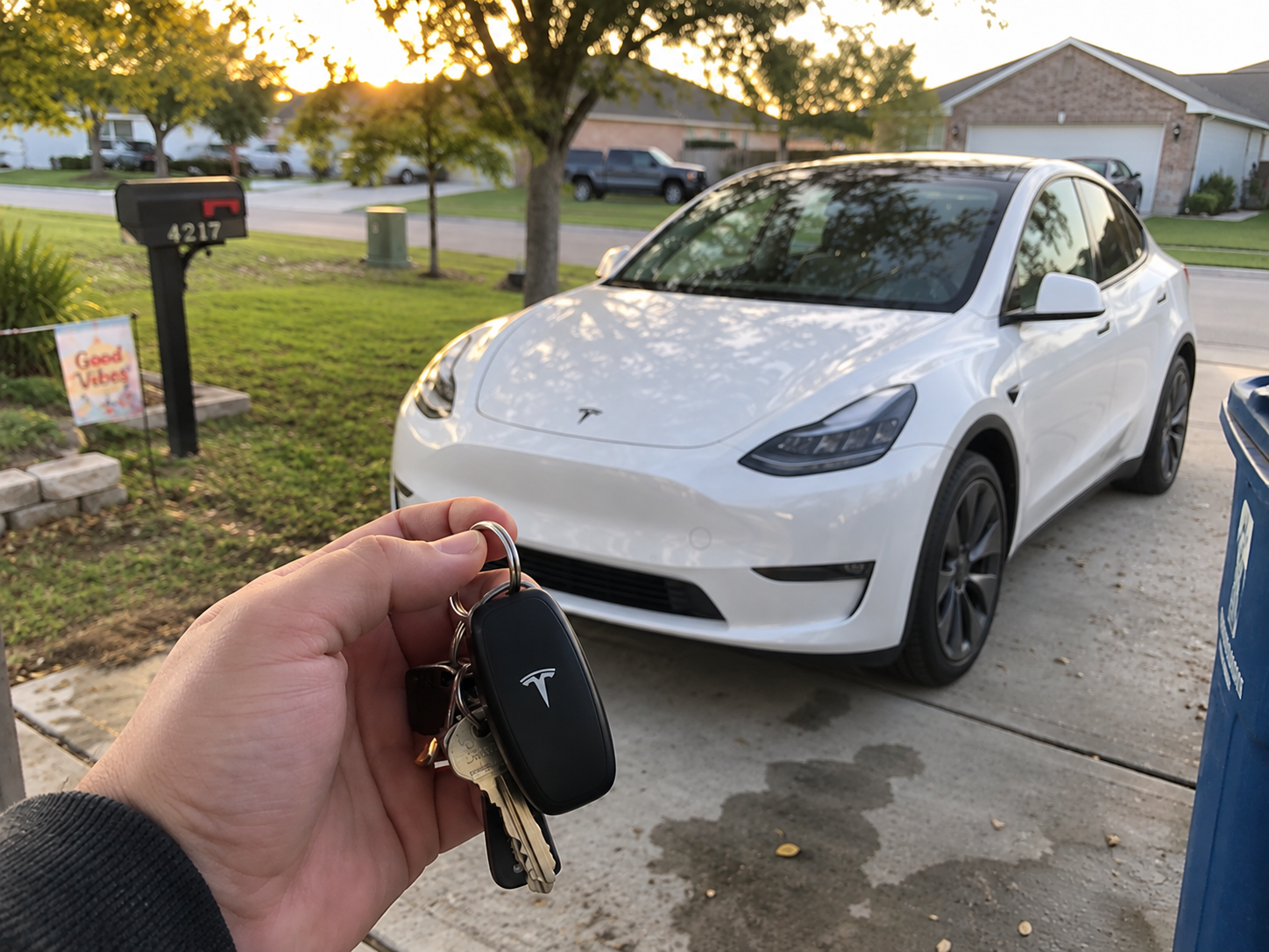 Car keys held up in front of a car in a driveway