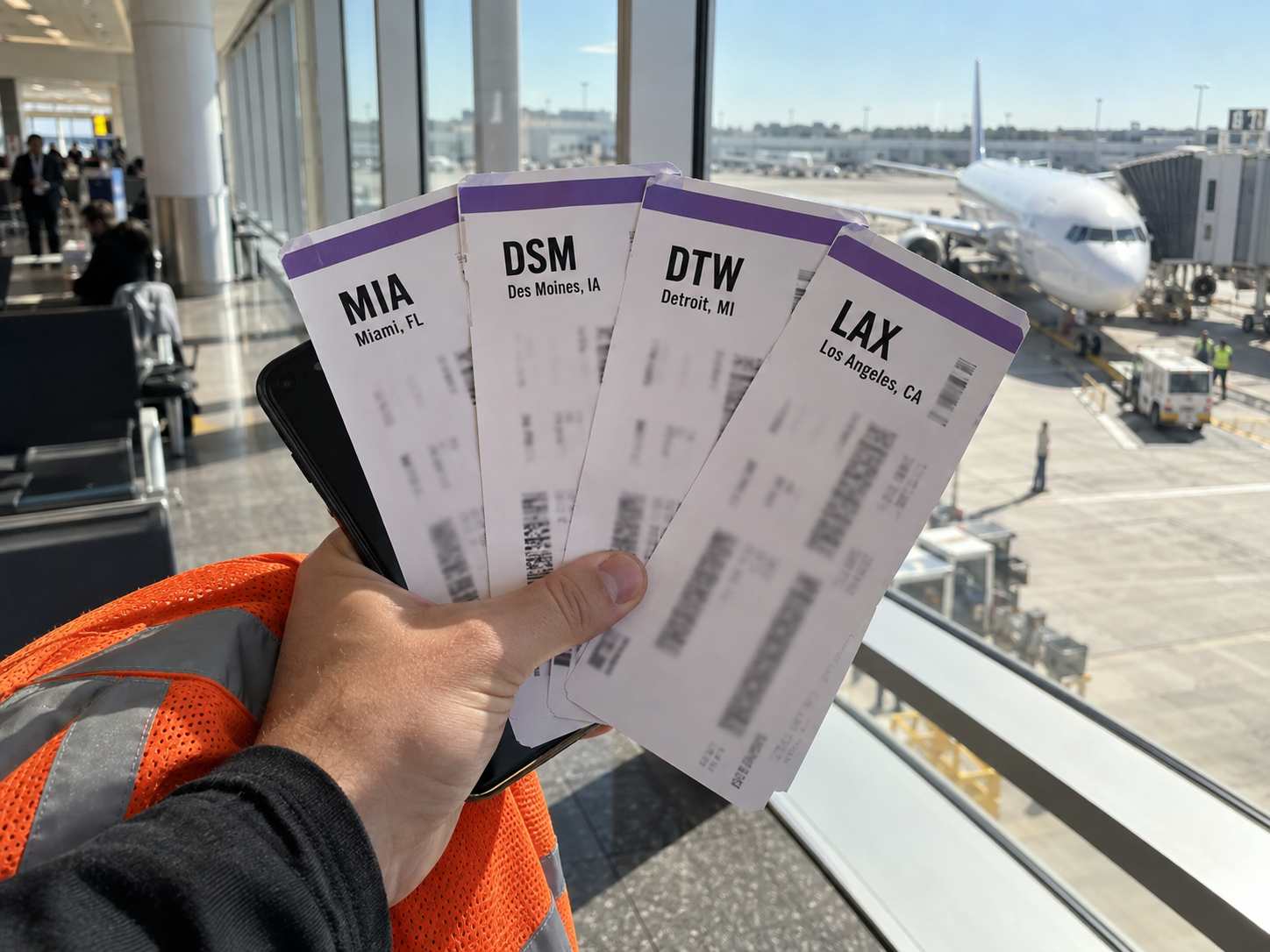 Boarding passes held up at an airport gate